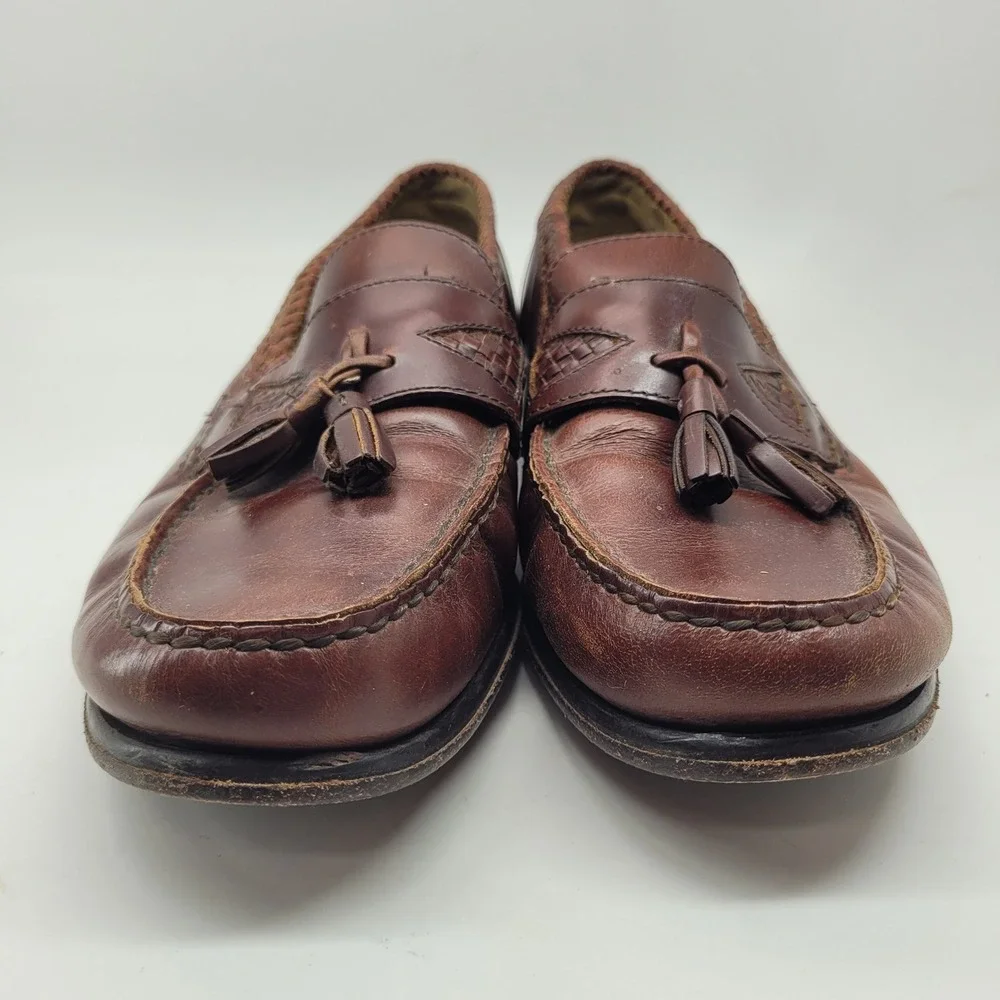 Johnston Murphy Mens 10M Brown Leather Tassel Loafers Woven Trim‎ Dress Shoes